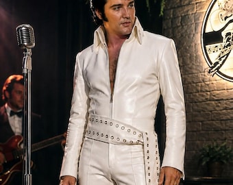Elvis White Jumpsuit Kostüm - Professioneller Tribute Artist Jumpsuit mit Ösen und Makramee Schärpe