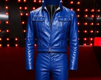 Elvis Presley Kultiger 70er Jahre Overall, Blaues Leder Cosplay Outfit.