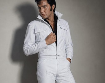 Elvis Presley Comeback 1968 Vit Läderkostym Hyllningsdräkt för Artist