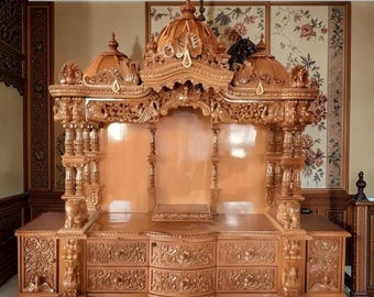 98" inches Height Solid Teakwood Handcarved Temple: Traditional Puja Mandir Home Decor, 92" Height