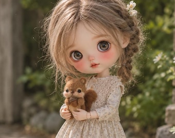 May include: A doll with light brown hair styled in a braid, wearing a cream-colored dress with a floral pattern and a knitted bodice. The doll holds a small brown squirrel figurine and wears cream socks with beige buckled shoes.