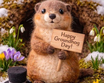 Handmade Needle-Felted Groundhog Figurine, Wool Felt, Groundhog Day Decor