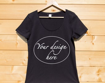 Download Free Tshirt Mockup Digital Download Ladies Shirt Stock Photo Wood Background Hanging Black T Shirt Women Tshirt Mockup Digital Download Free Mockups And Templates In Psd PSD Mockup Template