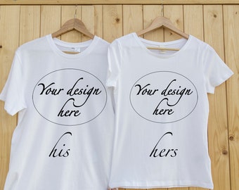 Download T Shirt Set Mockup Digital Download His Hers Couples White Tshirt Stock Photo Wood Background Hanging Tshirt Mockup Mockup Digital Download Free Downloads 9 999 Logo Mockups PSD Mockup Templates