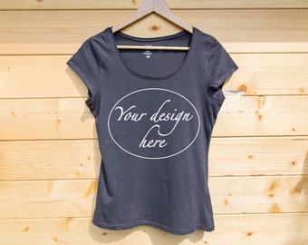 Download Free T Shirt Mockup Digital Download Ladies Shirt Stock Photo Wood PSD Mockup Template