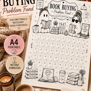 Könnte beinhalten: Ein druckbares A4 "Book Buying Problem Fund" Diagramm mit Geister-Thema, entworfen, um Buchkäufe zu verfolgen. Enthält eine Kaffeetasse, eine Kerze und einen Stapel Bücher.