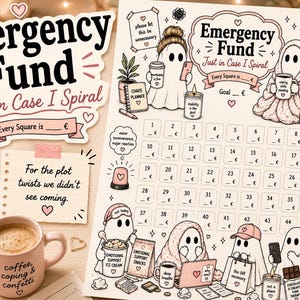 Könnte beinhalten: Illustration eines "Notfallfonds"-Trackers mit Geisterfiguren und dem Text "Just in Case I Spiral". Das Design umfasst ein druckbares A4-Blatt, eine Kaffeetasse und verschiedene Symbole. Der Tracker soll beim Sparen helfen.