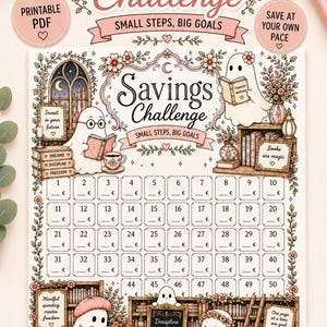 Könnte beinhalten: Eine druckbare PDF-Spar-Challenge-Tabelle mit einem skurrilen Design. Die Tabelle enthält ein Raster zur Verfolgung von Ersparnissen, Illustrationen von Geistern, die Bücher lesen, und den Text "Savings Challenge: Small Steps, Big Goals."