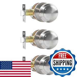 May include: Three brushed silver metal door knobs with round handles and rectangular latch plates. Each knob features a smooth, spherical design with a metallic finish. The hardware includes a cylindrical mechanism and a flat mounting plate.