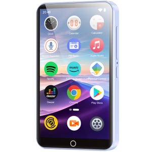 Puede incluir: Un teléfono inteligente de color morado claro con una pantalla táctil que muestra varios iconos de aplicaciones, incluidos Clock, Calendar, Calculator, Sound Recorder, FM Radio, Apple Music, Spotify, Amazon Music, Parental Control, Deezer, Chrome y Play Store.
