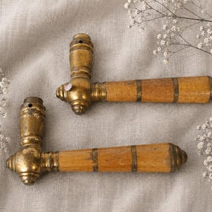 Vintage Brass and Wood Door Handles Pair Rustic Wooden Antique Style Door Hardware