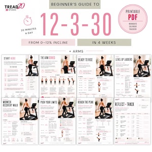 Puede incluir: Una guía digital en PDF imprimible titulada Beginner's Guide to 12-3-30, que incluye planes de entrenamiento, calendarios y rastreadores. El documento contiene texto, diagramas e imágenes de una persona en una cinta de correr, organizados en secciones como Start Here, The Arm Series, Ready to Rise, Level Up Ladders, Midweek Recovery Walk, Push Your Limits, Reach the Peak y Reflect + Track.