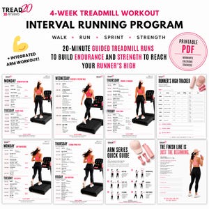 May include: A 4-week treadmill interval running program digital document featuring a printable PDF, workout calendars, and trackers. The guide includes 20-minute guided runs, arm workouts, and exercise illustrations with text in black and pink.