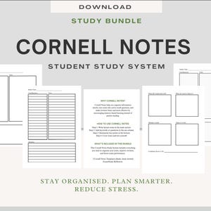 Puede incluir: Un paquete de estudio con plantillas de notas Cornell. Las plantillas blancas tienen texto negro y secciones para notas, pistas y resúmenes. El texto de la imagen dice "Cornell Notes Student Study System" y "Stay Organised. Plan Smarter. Reduce Stress."