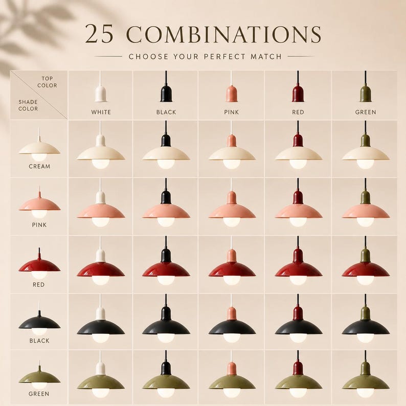 May include: A grid chart displaying 25 combinations of pendant lights with varying top and shade colours. The text reads 25 COMBINATIONS CHOOSE YOUR PERFECT MATCH, with labels for white, black, pink, red, and green colours for both parts.