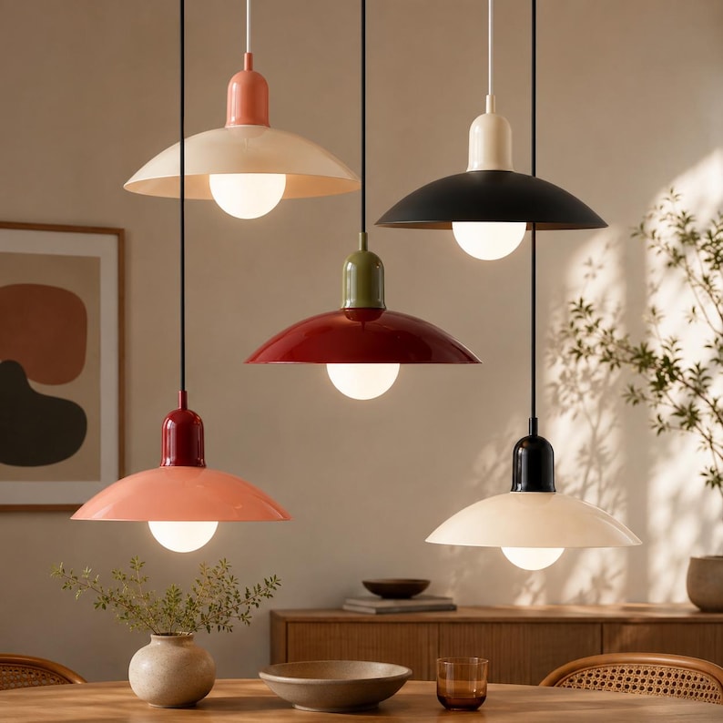 May include: Five pendant lights with wide, smooth, dome-shaped shades in various colours including cream, black, red, and coral. Each lamp features a cylindrical top fixture, a thin black cord, and a round, glowing white light bulb underneath.