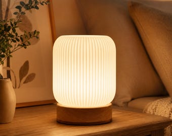 Lampe de table moderne à structure côtelée, commande tactile, éclairage d'ambiance à intensité variable, socle en bois