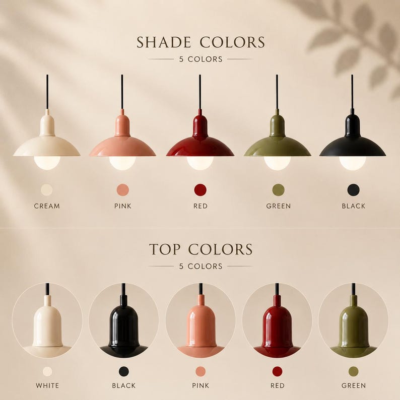 May include: A collection of five pendant lights with dome shades in cream, pink, red, green, and black. Below, five top cap options are displayed in white, black, pink, red, and green. Text labels include SHADE COLORS and TOP COLORS.