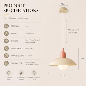 May include: A pendant light with a 32 cm wide beige shade, a pink top cap, and a white cord. Specifications include iron material, baked paint finish, 12W LED light source, 10 cm ceiling mount, 22 cm height, and an adjustable cord up to 150 cm.