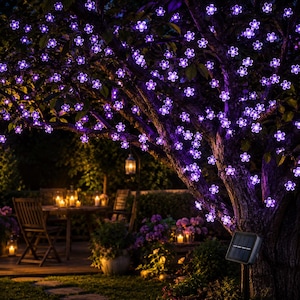 Könnte beinhalten: Eine Lichterkette mit violetten, blütenförmigen LEDs, die um den Stamm und die Äste eines Baumes gewickelt ist. Die Lichter werden von einem kleinen, schwarzen, rechteckigen Solarpanel gespeist, das auf einem Stab am Baumstamm montiert ist.