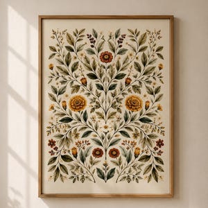 Puede incluir: Una lámina de arte mural enmarcada rectangular con una ilustración botánica simétrica. El diseño muestra un arreglo central de caléndulas de color naranja intenso, flores más pequeñas de color óxido y follaje verde sobre un fondo crema.