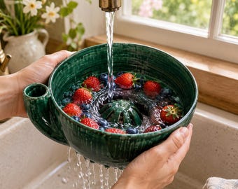 Vortex Berry Bowl, Ceramic Spinning Fruit Washing Bowl, Handmade Pottery Berry Colander Strainer, Self Spinning Strawberry Bowl Gift