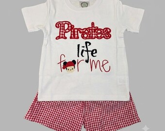 Pirate Boys Shirt and Shorts Set, Red Gingham Toddler Outfit, Pirate Birthday Outfit, Embroidered Summer Short Set