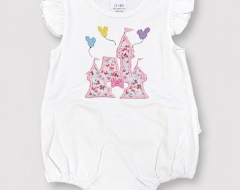 Castle Baby Romper / Embroidered Ruffle Bubble Romper / Girls Castle theme Park Vacations Outfit / Princess Castle Baby Girl Romper