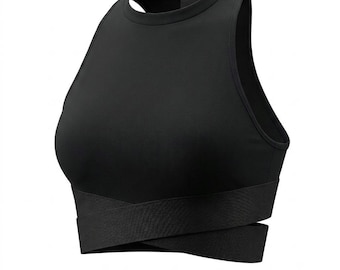 May include: A solid black high-neck crop top featuring a sleeveless design with wide arm openings and a distinctive crisscross elastic band detail at the hemline. The garment is constructed from a smooth, matte fabric with a fitted silhouette.