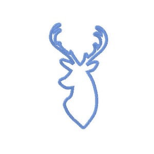 May include: A blue outline of a deer head with antlers. The outline is a simple line drawing.