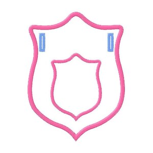May include: A pink shield with a smaller shield inside. Both shields are outlined in white.