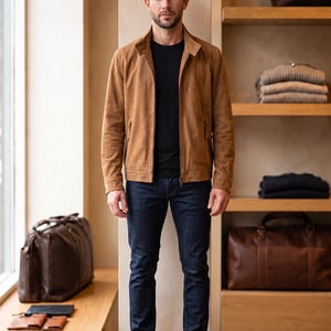 May include: A tan suede jacket with a high collar and front zipper closure, worn over a plain black t-shirt and dark blue denim jeans. The outfit is completed with black leather boots, creating a clean and structured appearance for daily wear.