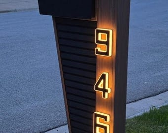 Modern Solar Mailbox, Custom LED House Numbers, Architectural Post, Wireless Address Sign
