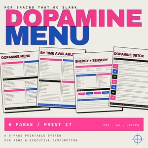 May include: A nine-page printable system for ADHD and executive dysfunction titled Dopamine Menu. The pages feature checklists and sections in pink, blue, and black text on a light background, including headers like By Time Available and Energy + Sensory.