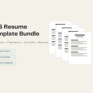 May include: An ATS Resume Template Bundle graphic with the text "ATS Resume Template Bundle". The bundle includes 1-Page Resume, 2-Page Resume, Cover Letter, and References. The image also includes the text "Editable in Canva", "Instant Download", and "No Canva Pro Required".