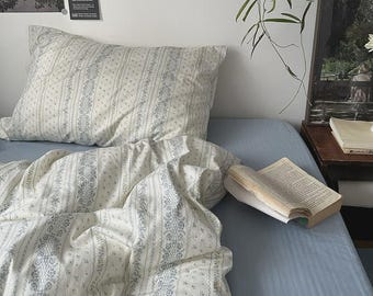 100% Cotton Boho Bedding Set, Blue Pattern Duvet Cover Set, Soft Breathable Bed Linen, Cozy Bedroom Decor