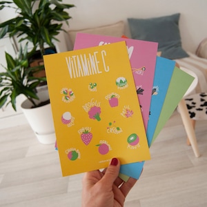 PACK 4 Ernährungskarten und sein Display - Eisen - Jod - Kalzium - Vitamin C - auf Recyclingpapier gedruckt - pflanzliche Ernährung