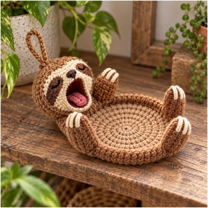 Peut inclure: Un plateau en crochet marron en forme de paresseux avec une base circulaire et des bords surélevés. La tête du paresseux présente une bouche grande ouverte avec une langue rose, des taches oculaires marron foncé et un petit nez noir.