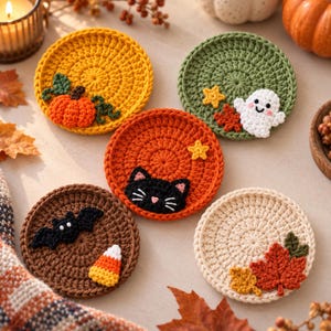 Juego de posavasos de ganchillo otoñales, posavasos con diseño de calabaza, fantasma, gato negro, murciélago y hoja de arce, decoración de mesa otoñal de Halloween, regalo acogedor para la cocina.