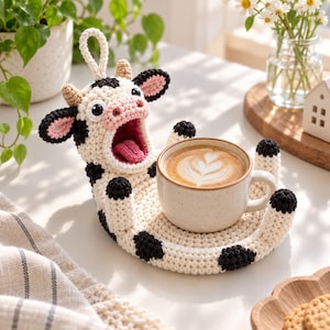 May include: A crocheted cow-shaped coaster and mug holder featuring a white body with black spots, a pink snout, and a wide-open mouth with a tongue. The cow has small tan horns and a loop at the top. A ceramic mug filled with latte art sits inside.