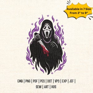 May include: An embroidery design featuring a hooded figure in a black robe holding a knife with red blood drips, surrounded by purple flames and small stars. Text reads: Available in 7 Size From 3" to 9" and EMB | PNG | PDF | PES | DST | VP3 | EXP | JEF | SEW | ART | HUS.