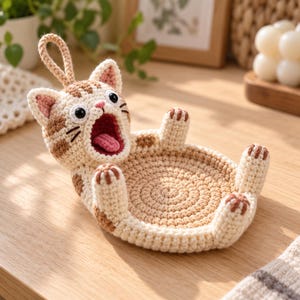 May include: A crocheted cat-shaped tray with a beige and brown striped pattern. The cat has an open mouth with a pink tongue, black eyes, and four raised paws forming a circular holder. A small loop is attached to the top of the cat's head.
