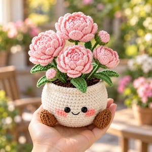 May include: A crocheted potted plant featuring three large pink peony-style flowers and two small buds with green leaves. The round, cream-colored pot has a smiling face with black eyes, a small mouth, and pink cheeks, plus two brown feet.