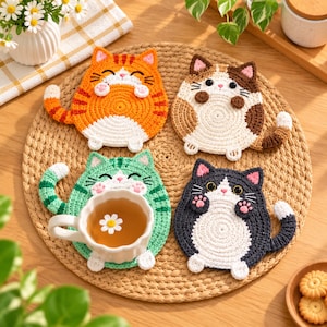 May include: Four round crochet coasters shaped like cats in orange, brown, green, and black. Each coaster features a white belly, small paws, a tail, and embroidered facial details. A white ceramic mug containing tea with a daisy sits on the green cat.