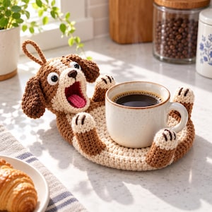 May include: A brown and cream crochet dog coaster featuring a wide-open mouth with a pink tongue, floppy ears, and four paws positioned to hold a speckled ceramic mug filled with black coffee. The coaster includes a small loop for hanging.