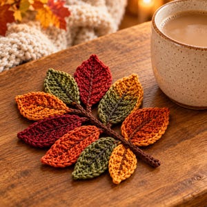 Gehäkelter Untersetzer mit Herbstblattmotiv, Tassenuntersetzer mit Herbstzweig, handgefertigter Blätter-Topfuntersetzer, Tischdekoration für Thanksgiving, gemütliches Herbst-Küchengeschenk