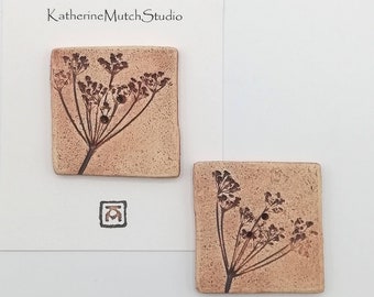 Handmade ceramic button with fennel seed head. Natural iron oxide - brown. Square 38mm