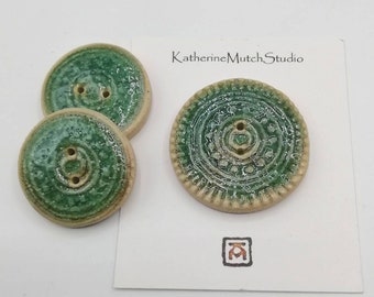 Ceramic button with abstract flower imprint with transparent, crackle green glaze. 40mm or 30mm options.