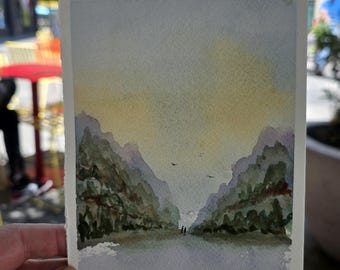 Original Watercolor Small Painting — Walking to the Sea — 7×5 — One of a Kind — Denver Artist