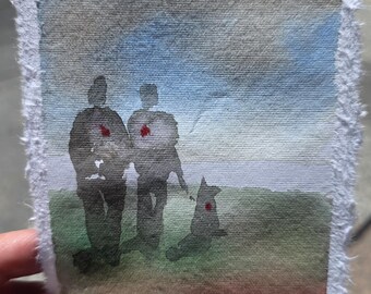 Original Watercolor Small Painting — A Dog and His Boys — 6×4 — One of a Kind — Denver Artist